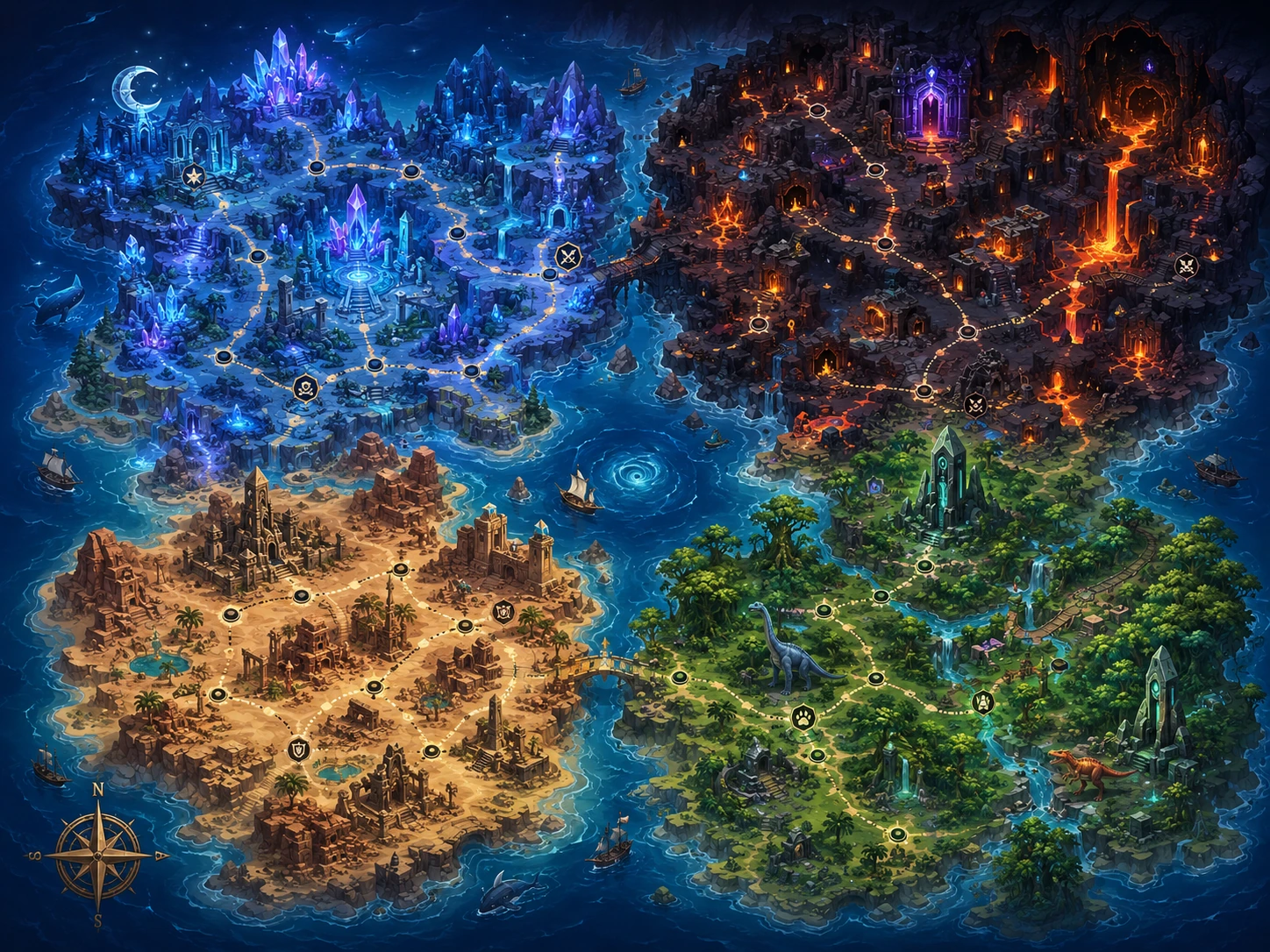Mapa świata Crystal Run z czterema biomami: Kryształowe Ruiny, Jaskinie Minecraft, Ruiny Conan Exiles i Dżungla ARK Survival.